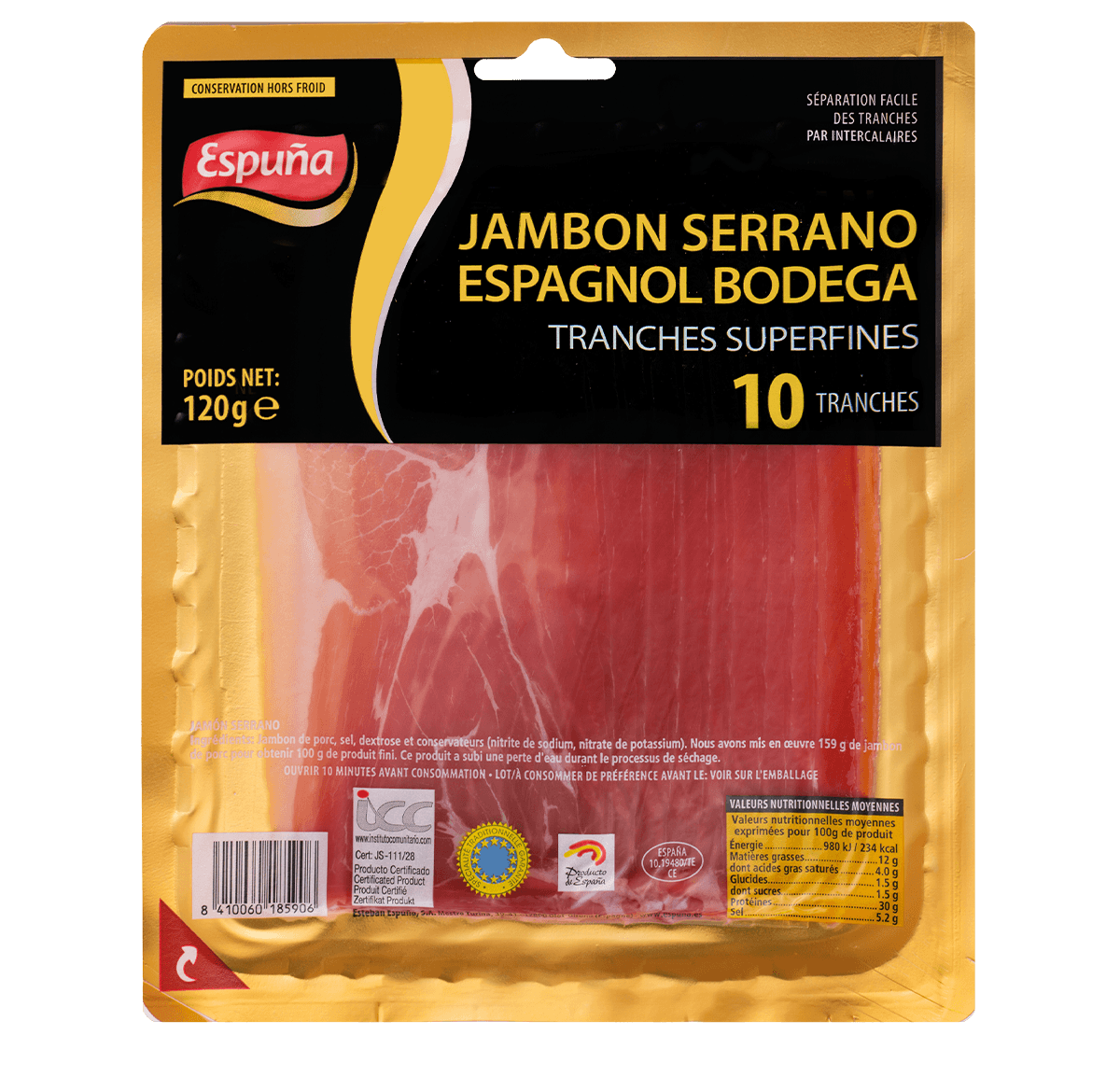 Jambon serrano bodega tranches superfines 120g (hors froid)