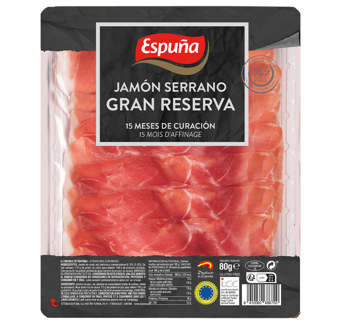 Jambon serrano gran reserva tranches fines 80g (15 mois)