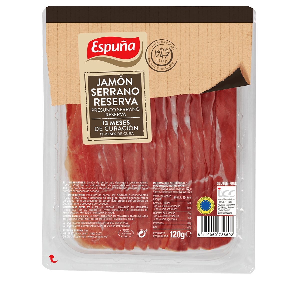 Jambon serrano reserva tranches pliées 120g (13 mois)